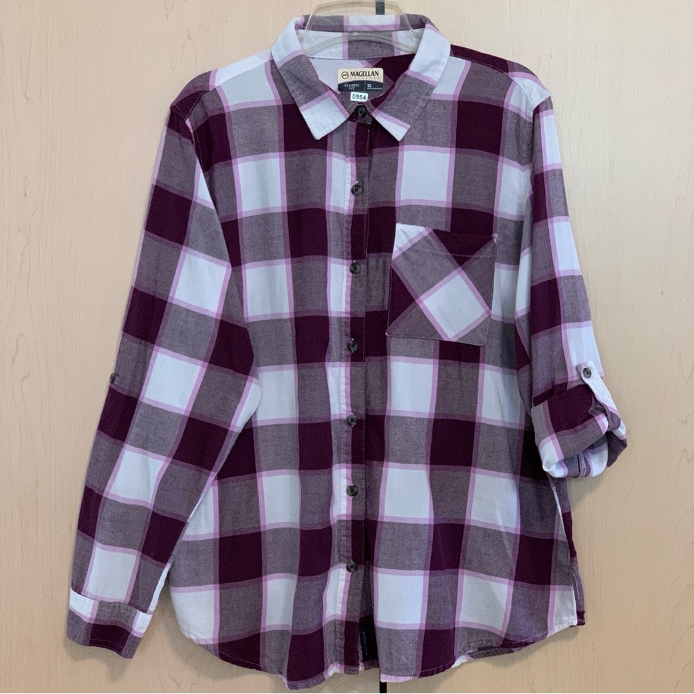 Magellan Outdoors Women's‎ Classic Long Sleeve Roll Tab Flannel Shirt Purple XL
